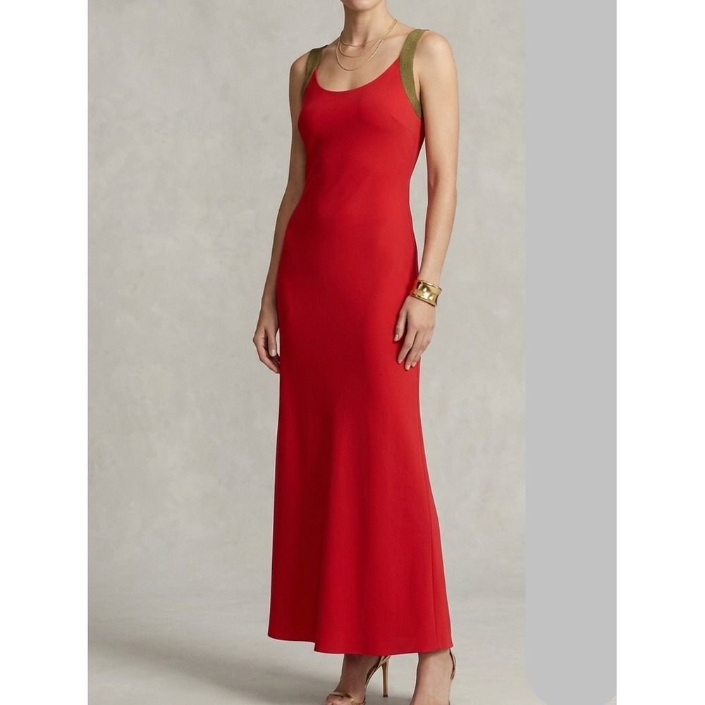 Lauren Ralph Lauren Maxi Dress Womens XL Red Excellent Faux Suede Trim‎ Elegant